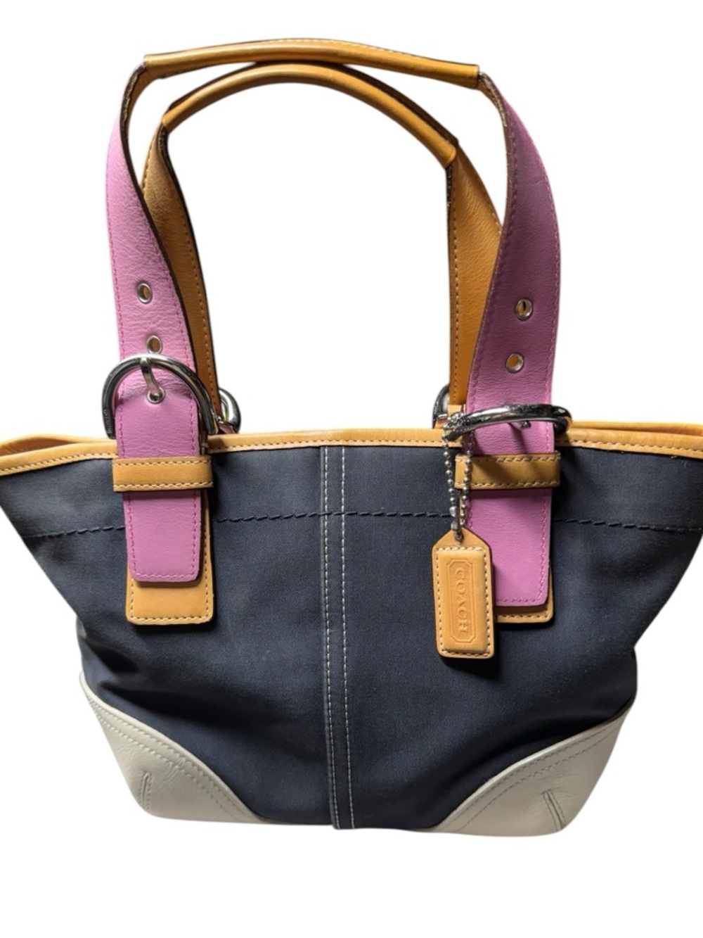Coach 2003 SoHo Hampton Twill Colorblock Mini Tote - Navy, Pink & Tan Accents